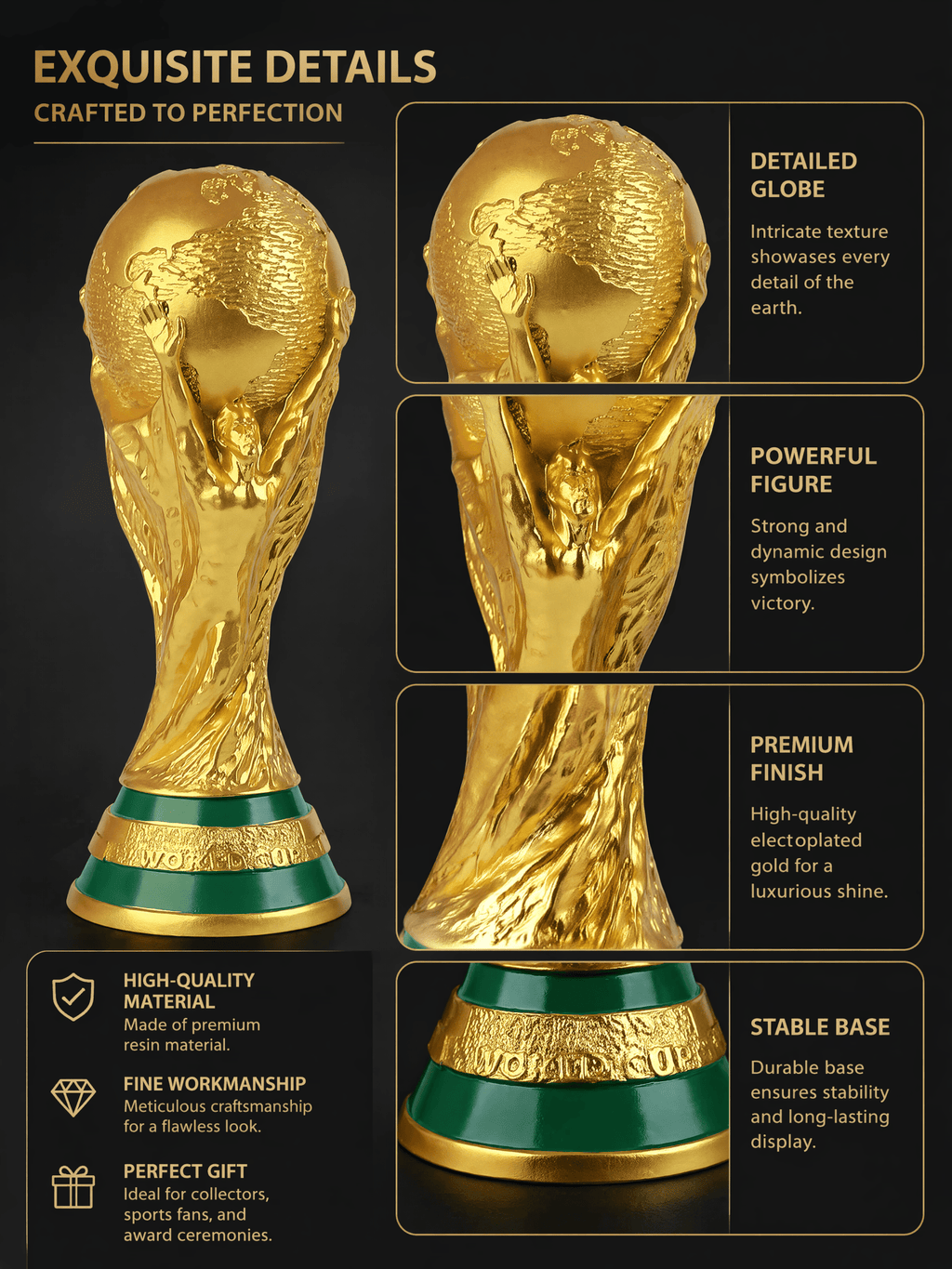 2026 World Cup Trophy Replica – Matte Gold & Gold With Black Base, Multi-Size Desk Collectible - FIFA Hype Shop